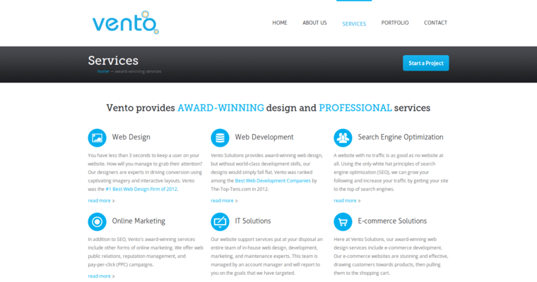 Service page of #3 Leading Website Development Business: Vento Solutions