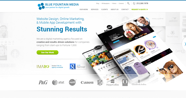 Home page of #1 Leading Custom Website Design Company: Blue Fountain Media