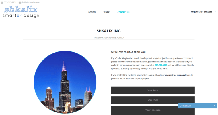 Contact Page of Top Web Design Firms in Illinois: Shkalix Smarter Design