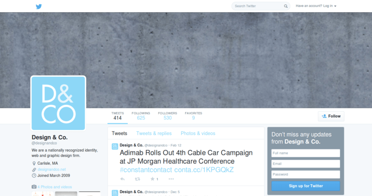 Twitter page of #6 Leading Architecture Web Development Agency: Design & Co
