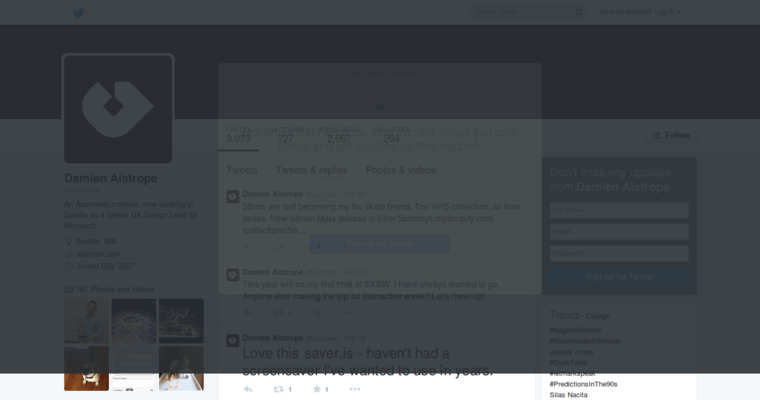 Twitter page of #10 Best Architecture Web Design Firm: Damien Aistrope