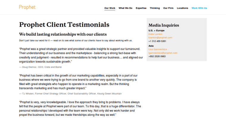Testimonials page of #3 Top Brand PR Agency: Prophet