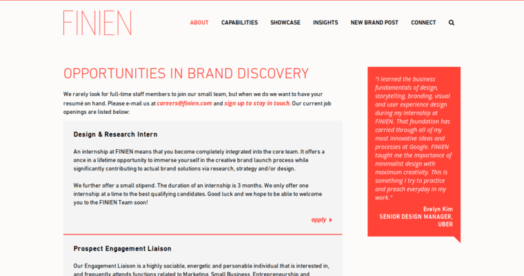 Careers page of #8 Leading Naming Agency: Finien
