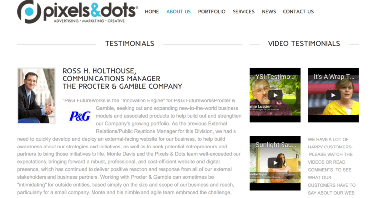 Testimonials page of #5 Top Cincinnati Web Design Agency: Pixels & Dots, LLC