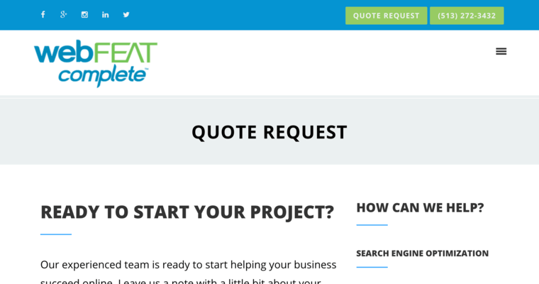 Quote page of #2 Top Cincinnati Web Design Business: webFEAT Complete