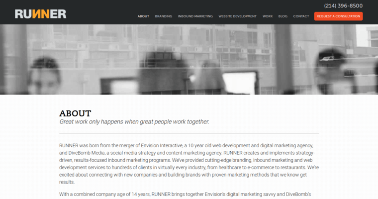 About page of #8 Best Dallas Web Development Business: Runner Agency