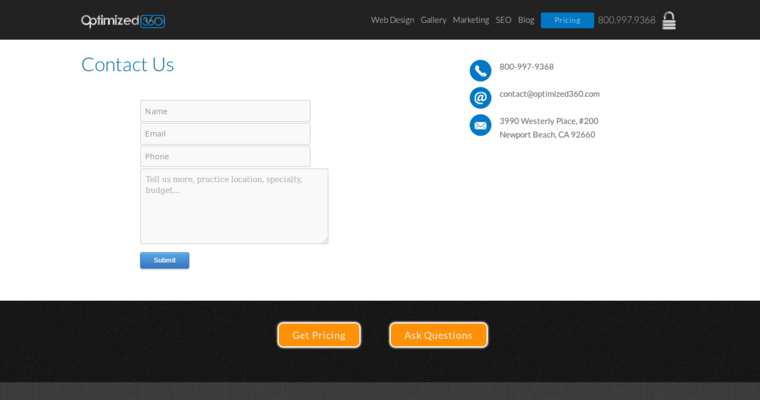 Contact page of #9 Top Dental Web Development Business: Optimized360