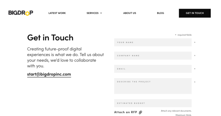 Contact page of #2 Best eCommerce Web Design Business: Big Drop Inc