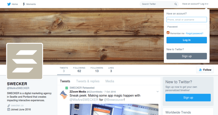 Twitter page of #6 Leading Enterprise Web Design Business: Swecker