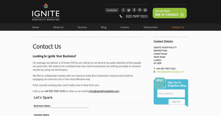 Contact page of #9 Top Hotel Web Design Agency: Ignite Hospitality