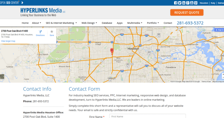 Contact page of #12 Leading Houston Web Development Agency: Hyperlinks Media