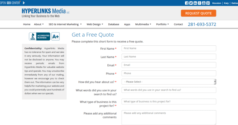 Quote page of #10 Best Houston Web Development Company: Hyperlinks Media