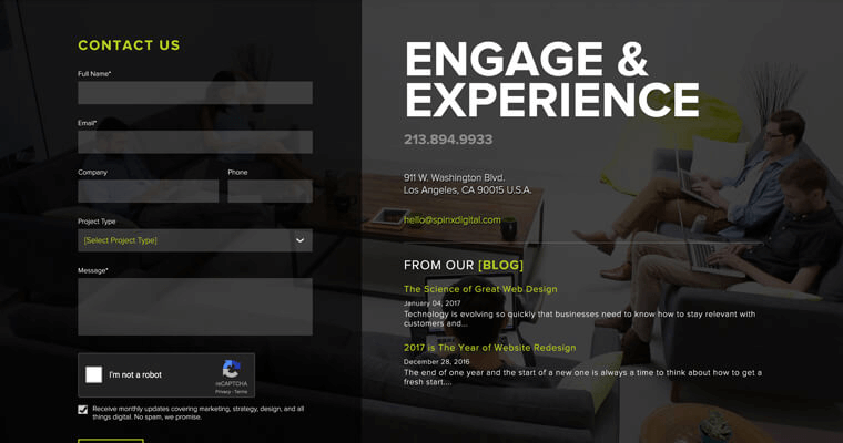 Contact page of #5 Top Los Angeles Website Design Agency: SPINX