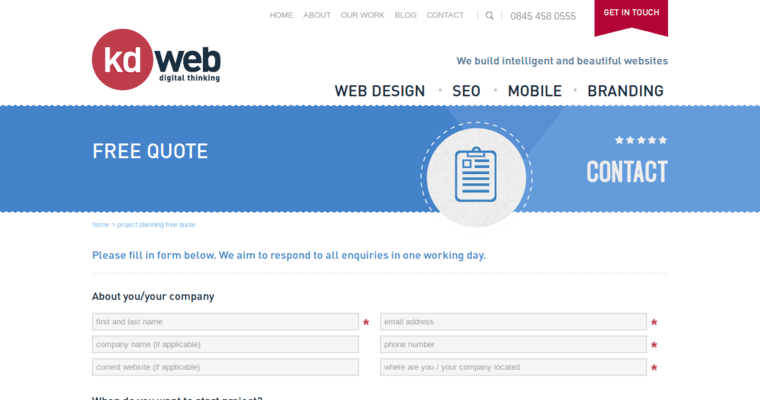 Quote page of #8 Top London Web Design Company: KD Web Design