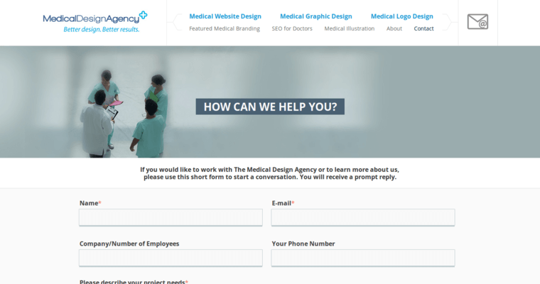Contact page of #10 Leading Medical Web Development Agency: Medical Design Agency