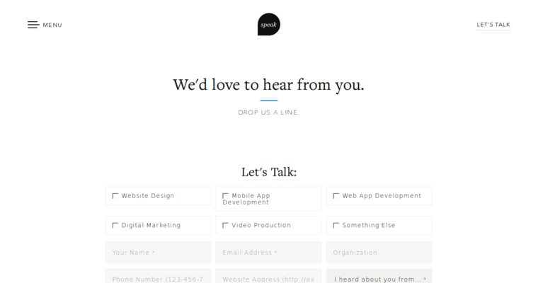 Contact page of #3 Best Memphis Web Development Business: Speak Creative