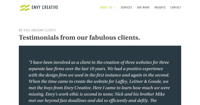 Testimonials page of #10 Best Milwaukee Web Development Business: Envy Creative