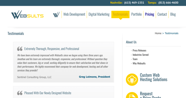 Testimonials page of #9 Best Nashville Web Development Agency: Websults LLC