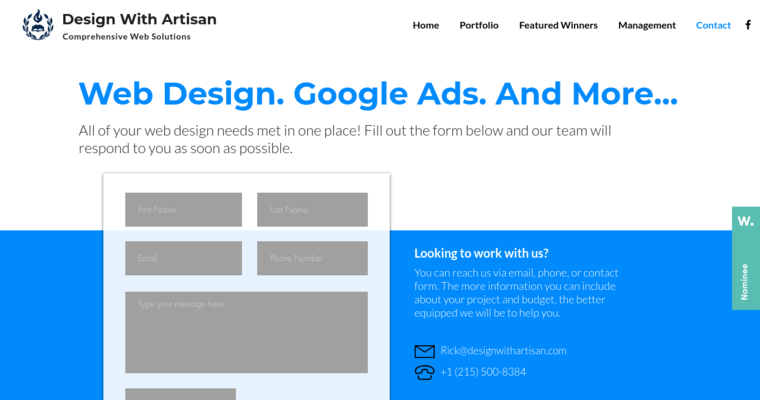 Contact page of #9 Best Philadelphia Web Design Agency: Design With Artisan