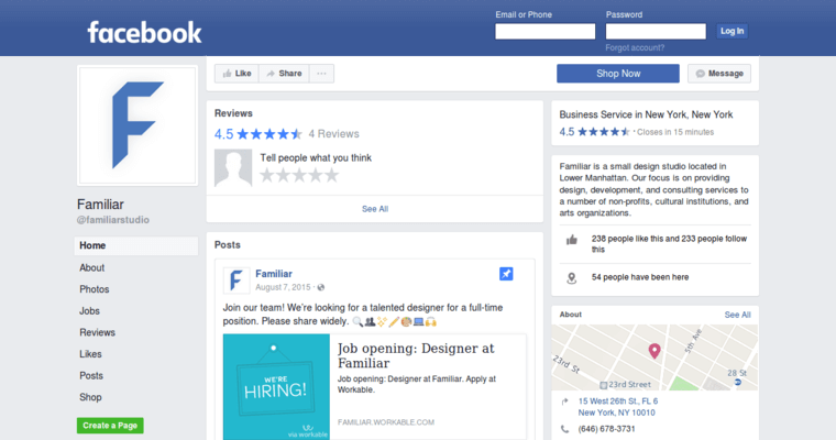 Facebook page of #9 Leading Print Design Firm: Familiar Studio