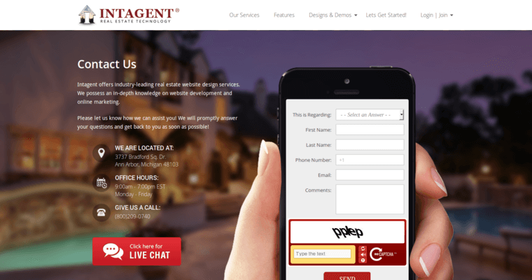 Contact page of #5 Best Real Estate Web Design Business: Intagent