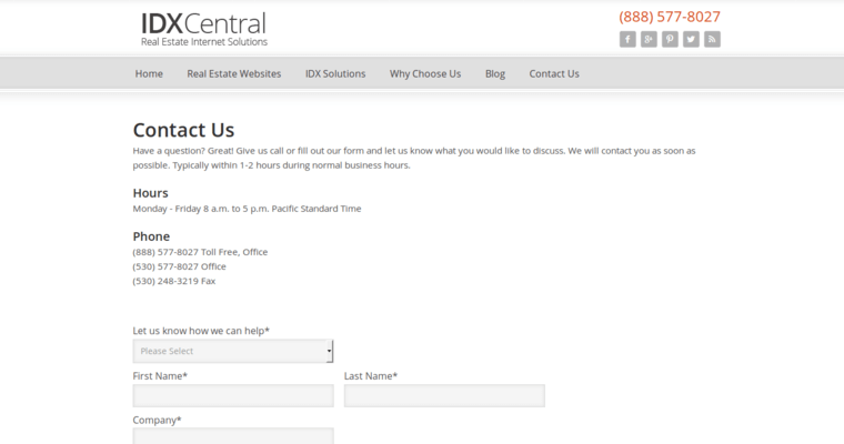 Contact page of #10 Leading Real Estate Web Development Company: IDX Central