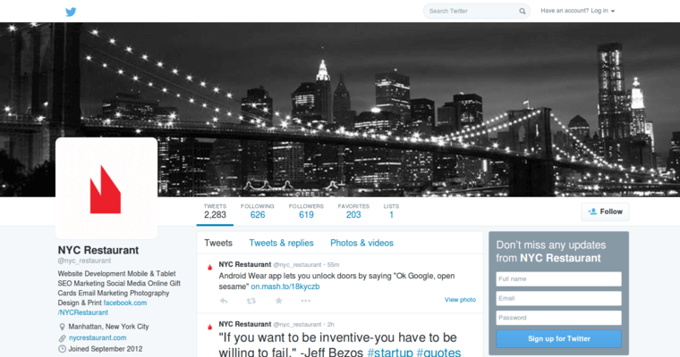 Twitter page of #5 Leading Restaurant Web Design Business: NYC Restaurant