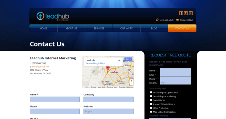 Contact page of #10 Leading San Antonio Web Design Business: Leadhub