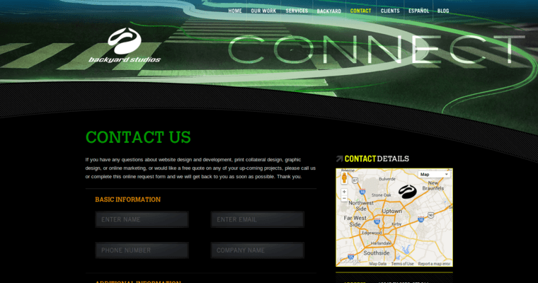 Contact page of #10 Top San Antonio Website Development Firm: Backyard Studios