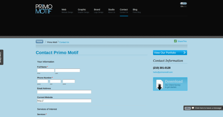 Contact page of #4 Best San Antonio Web Design Company: Primo Motif