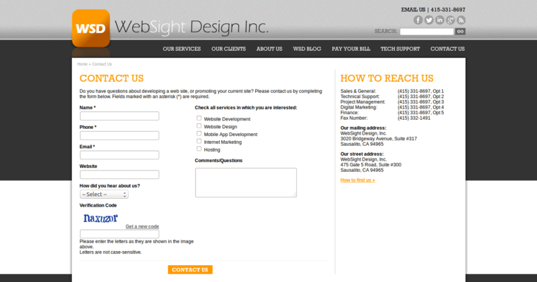 Contact page of #2 Top San Francisco Website Design Firm: WebSight Design