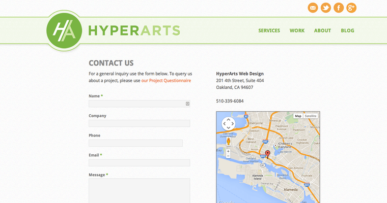 Contact page of #7 Top Bay Area Web Design Business: HyperArts