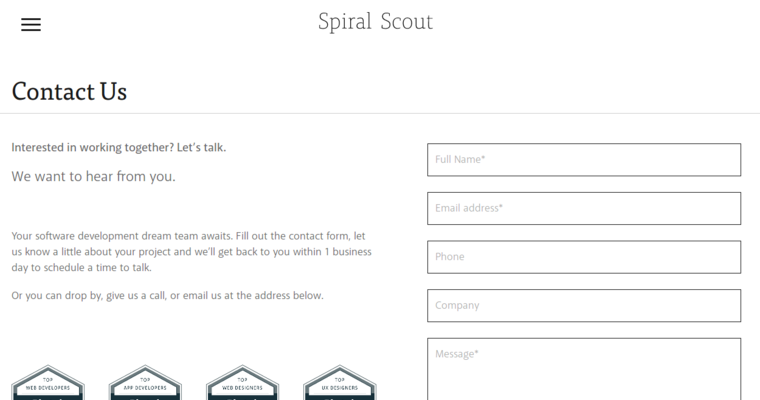 Contact page of #5 Top Bay Area Website Development Business: Spiral Scout