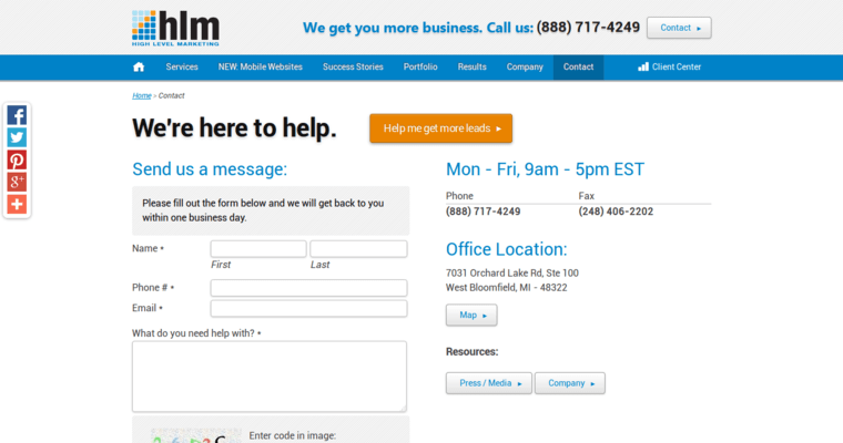 Contact page of #8 Top Small Business Website Design Business: High Level Marketing