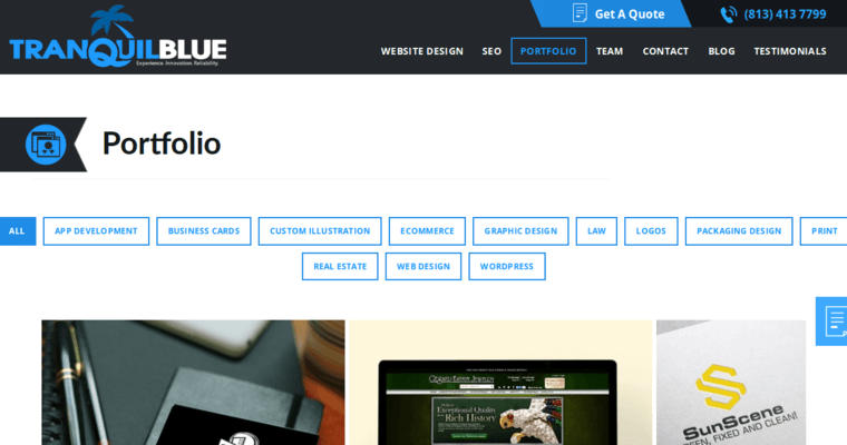 Folio page of #6 Top Tampa Web Design Business: Tranquil Blue