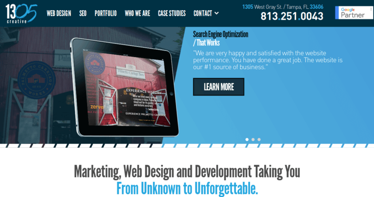 Home page of #5 Top Tampa Bay Web Design Agency: thirteen05 creative