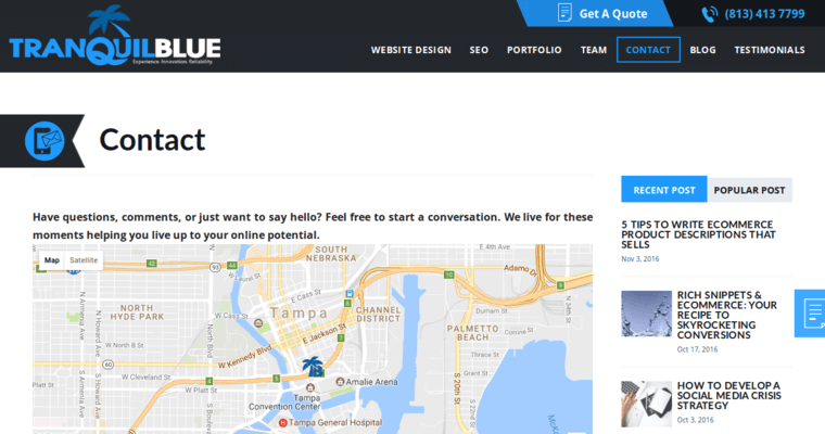 Contact page of #6 Best Tampa Bay Web Design Agency: Tranquil Blue