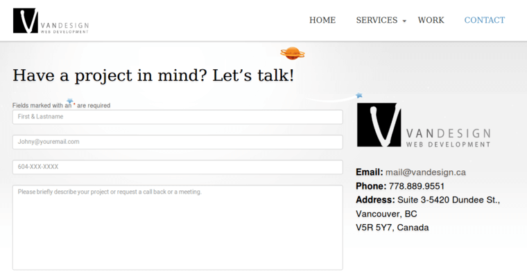 Contact page of #8 Best Vancouver Web Development Agency: Vandesign Web Development