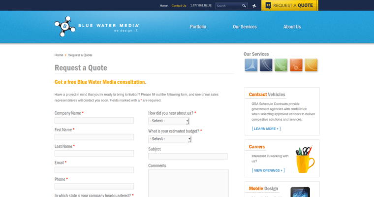Quote page of #2 Best DC Website Design Company: Blue Water Media