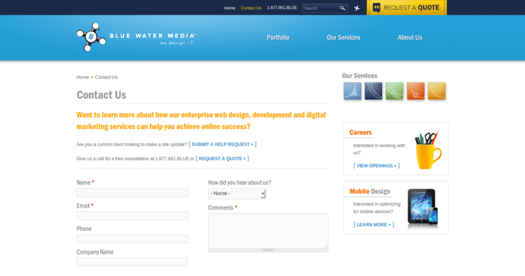 Contact page of #1 Best Washington Web Development Company: Blue Water Media