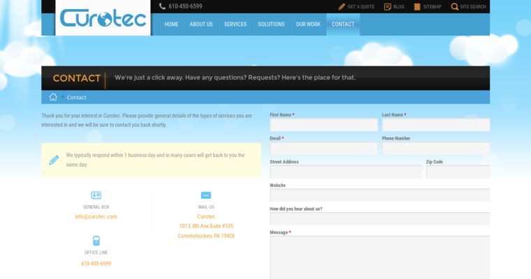 Contact page of #6 Top Web App Development Company: Curotec