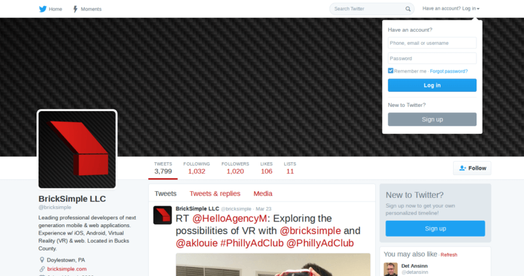 Twitter Page of Top Web Design Firms in California: Brick Simple