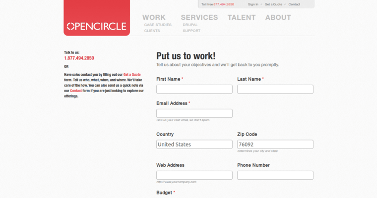 Quote Page of Top Web Design Firms in California: OpenCircle