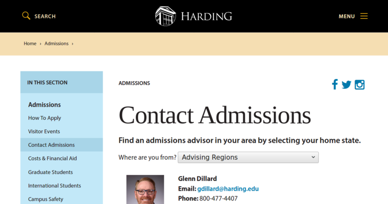 Contact page of #5 Best Web Design School: Harding University